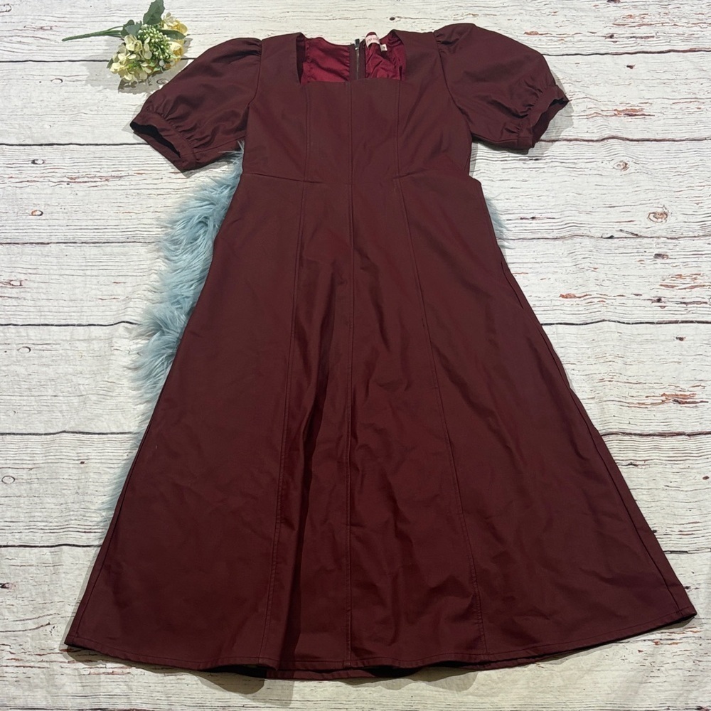 NWOT Ivy City Co Coated Faux Leather Burgundy A-Line Puff Sleeve Midi Dress